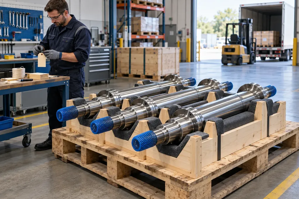 Peças metálicas apoiadas e protegidas para transporte industrial