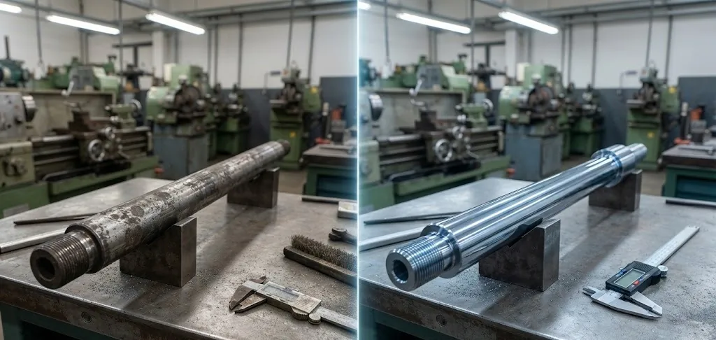 Cilindro industrial antes e depois do cromo duro